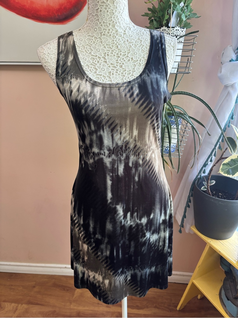 Vintage Black and Gray Tie-Dye Mini Dress - Picture 2 of 13